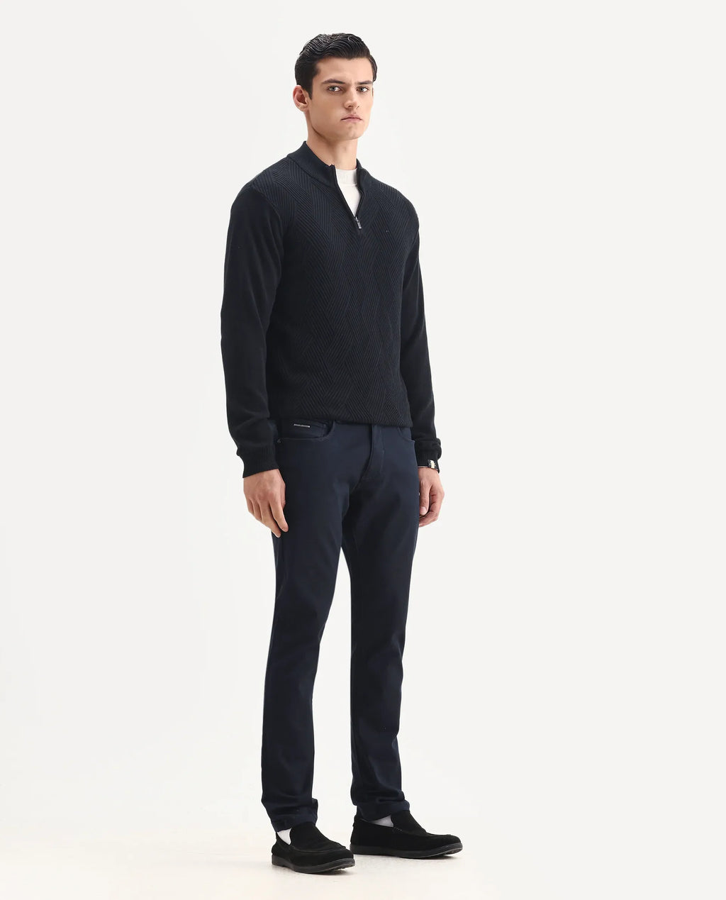 Rare Rabbit Men's Corvo Navy Cotton Blend Plain Hawk Slim Fit Jeans