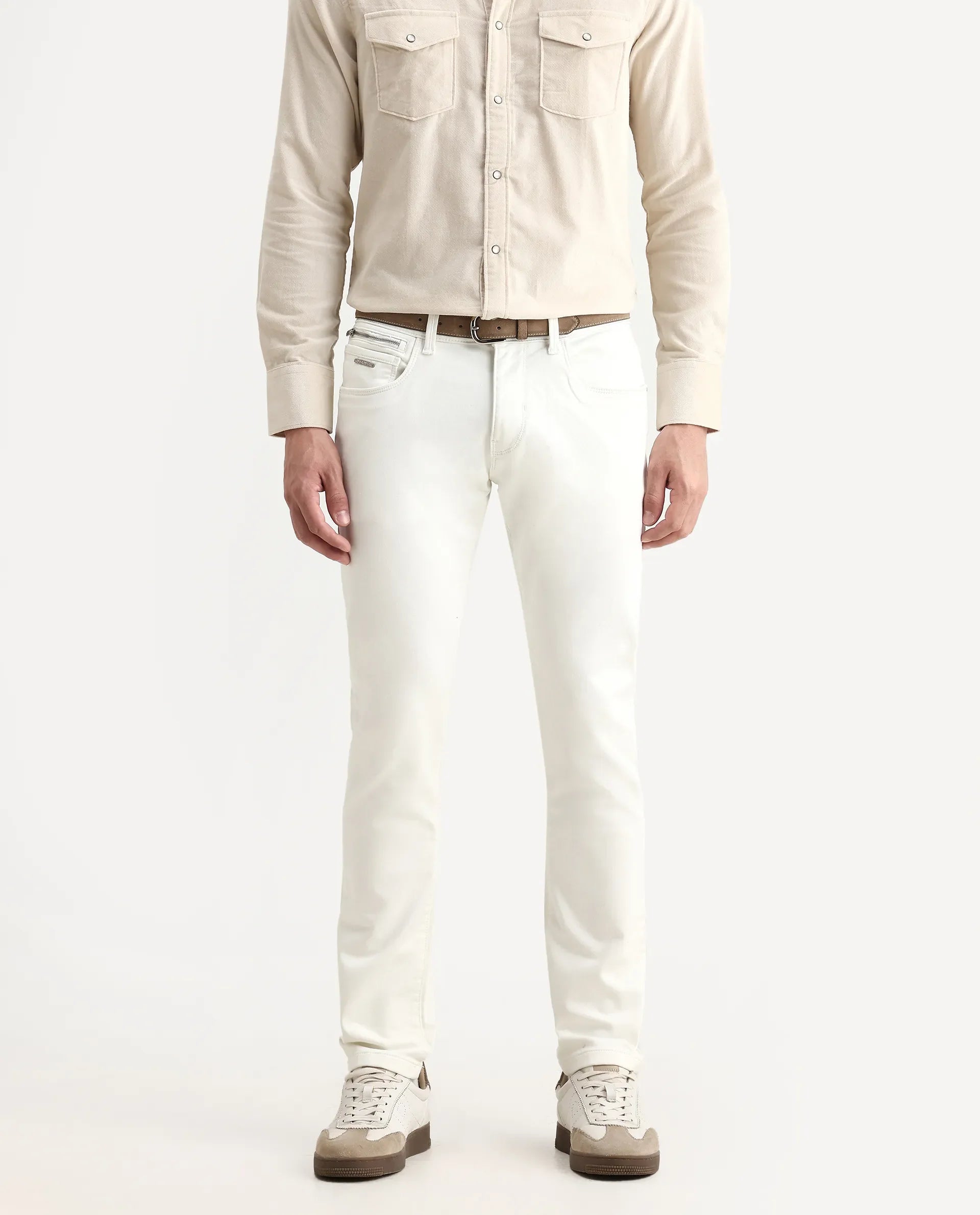 Rare Rabbit Men's Corvo Off White Cotton Blend Plain Hawk Slim Fit Jeans