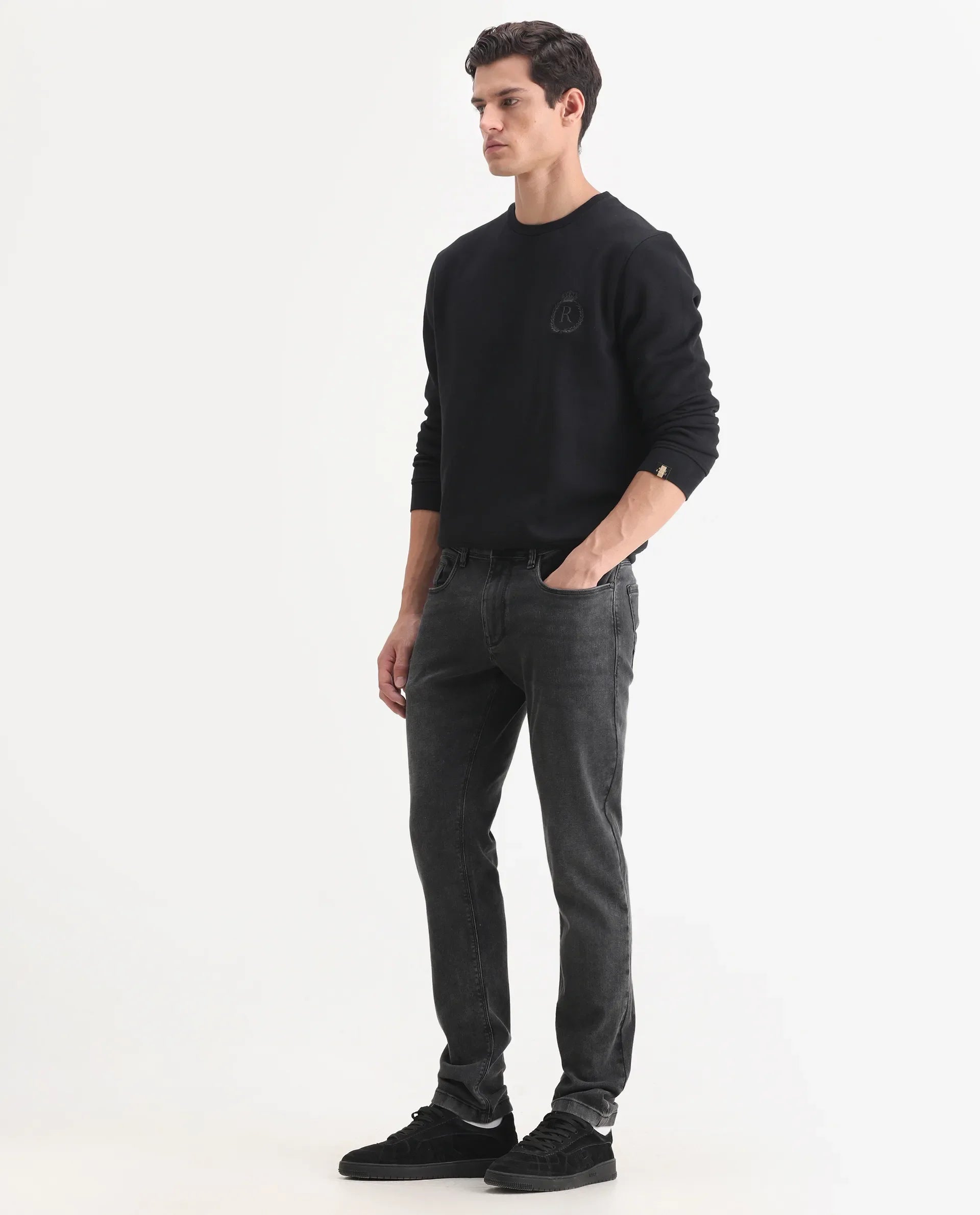 Rare Rabbit Men's Cosmog-1 Dark Grey Cotton Blend Fabric Hawk Slim Plain Jeans