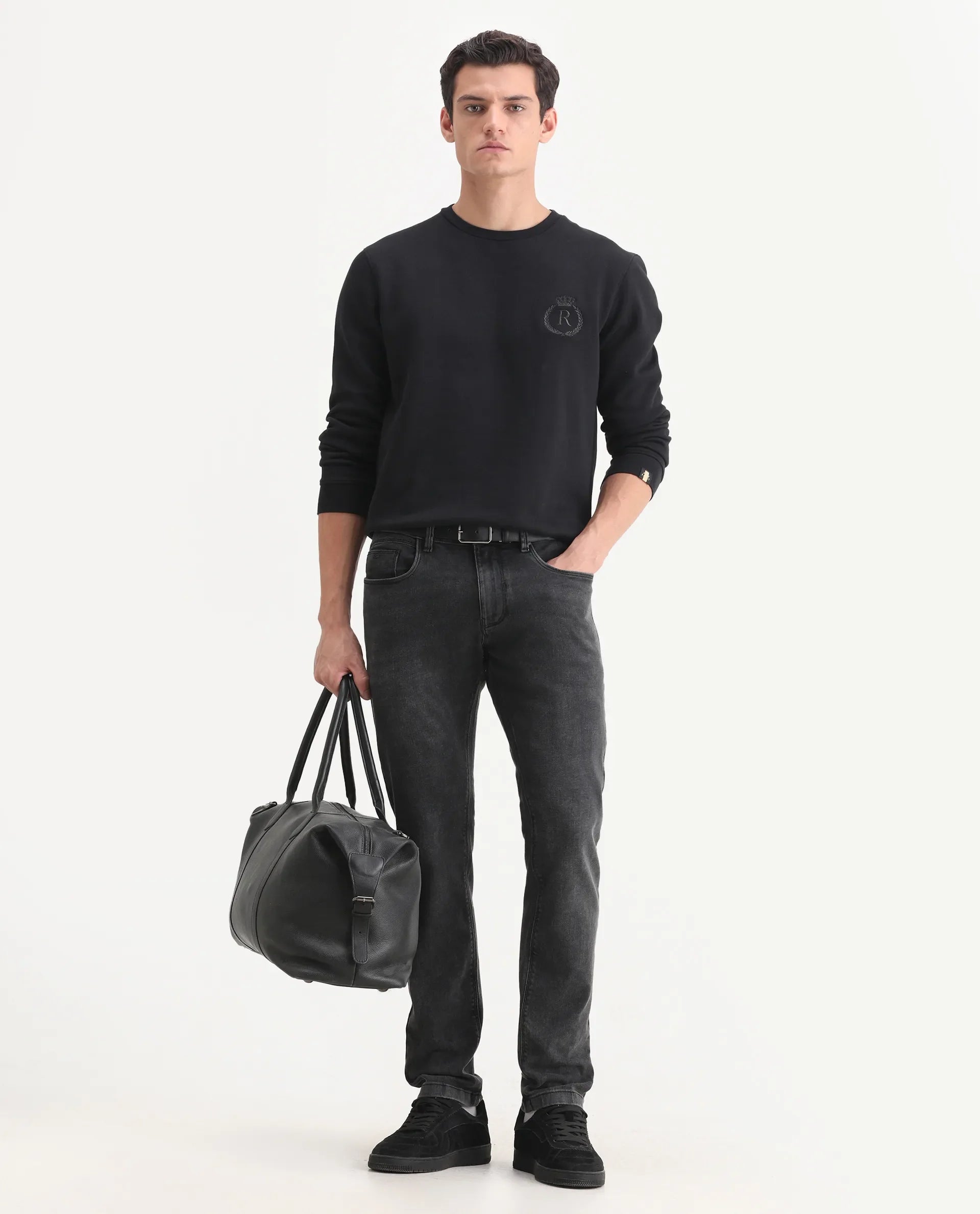 Rare Rabbit Men's Cosmog-1 Dark Grey Cotton Blend Fabric Hawk Slim Plain Jeans