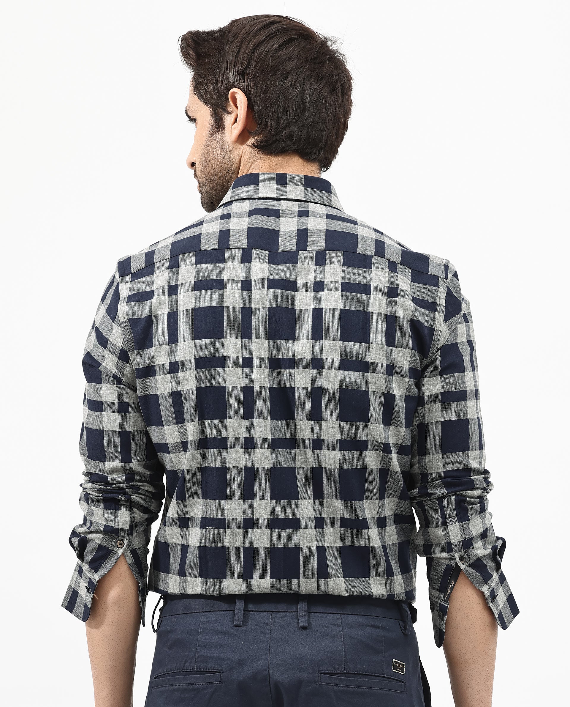 Rare Rabbit Men's Costy Navy Cotton Checked Print Regular Fit Full Sleeve Collared Shirt