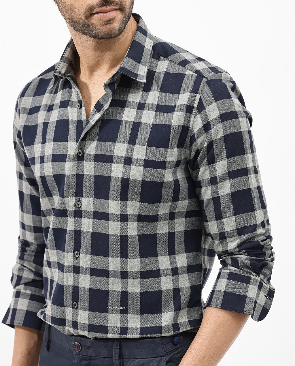 Rare Rabbit Men's Costy Navy Cotton Checked Print Regular Fit Full Sleeve Collared Shirt