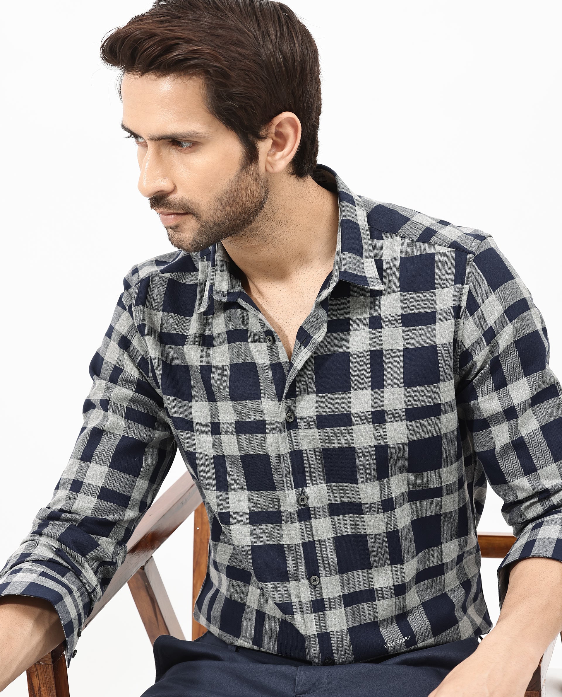 Rare Rabbit Men's Costy Navy Cotton Checked Print Regular Fit Full Sleeve Collared Shirt