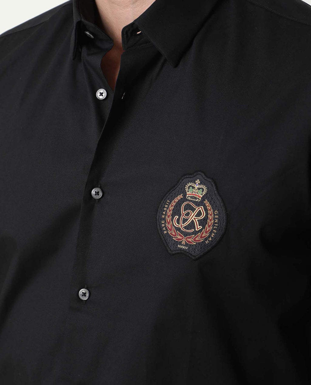Rare Rabbit Men's Crown Black Cotton Plain Regular Fit Full Sleeve Spread Collar Shirt