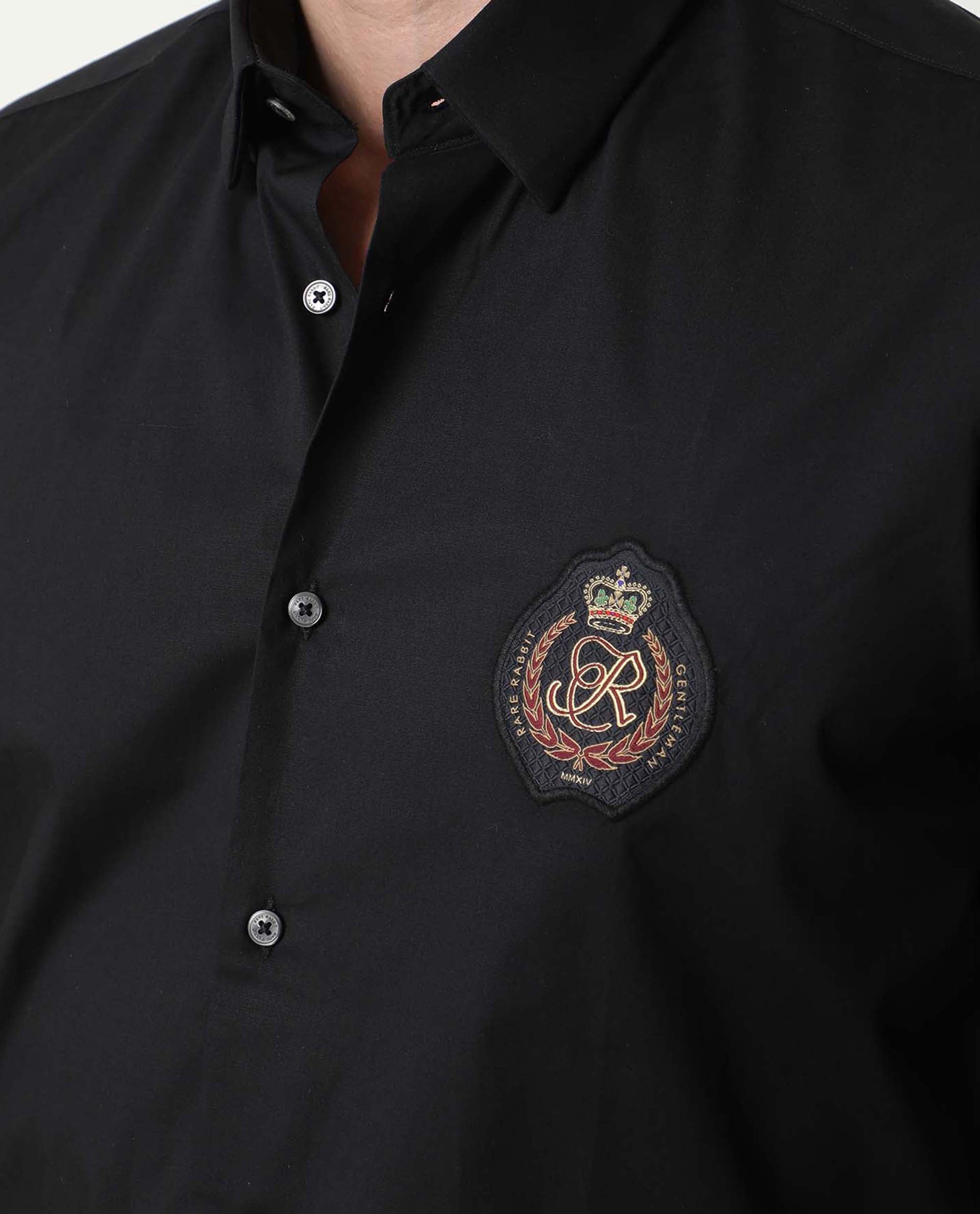 Rare Rabbit Men's Crown Black Cotton Plain Regular Fit Full Sleeve Spread Collar Shirt