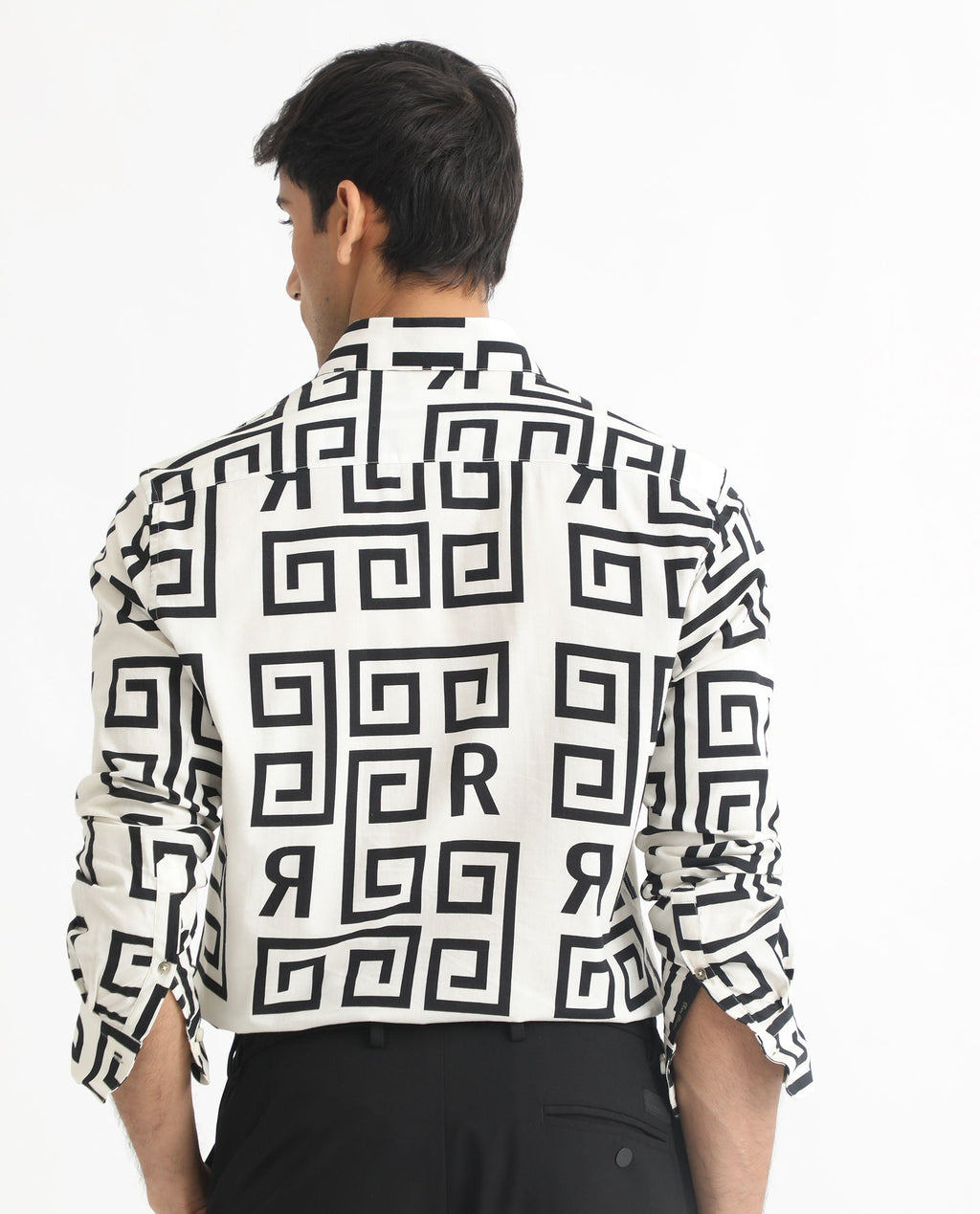Rare Rabbit Men's Cruz Off White Cotton Monogram Print Regular Fit Full Sleeve Spread Collar Shirt