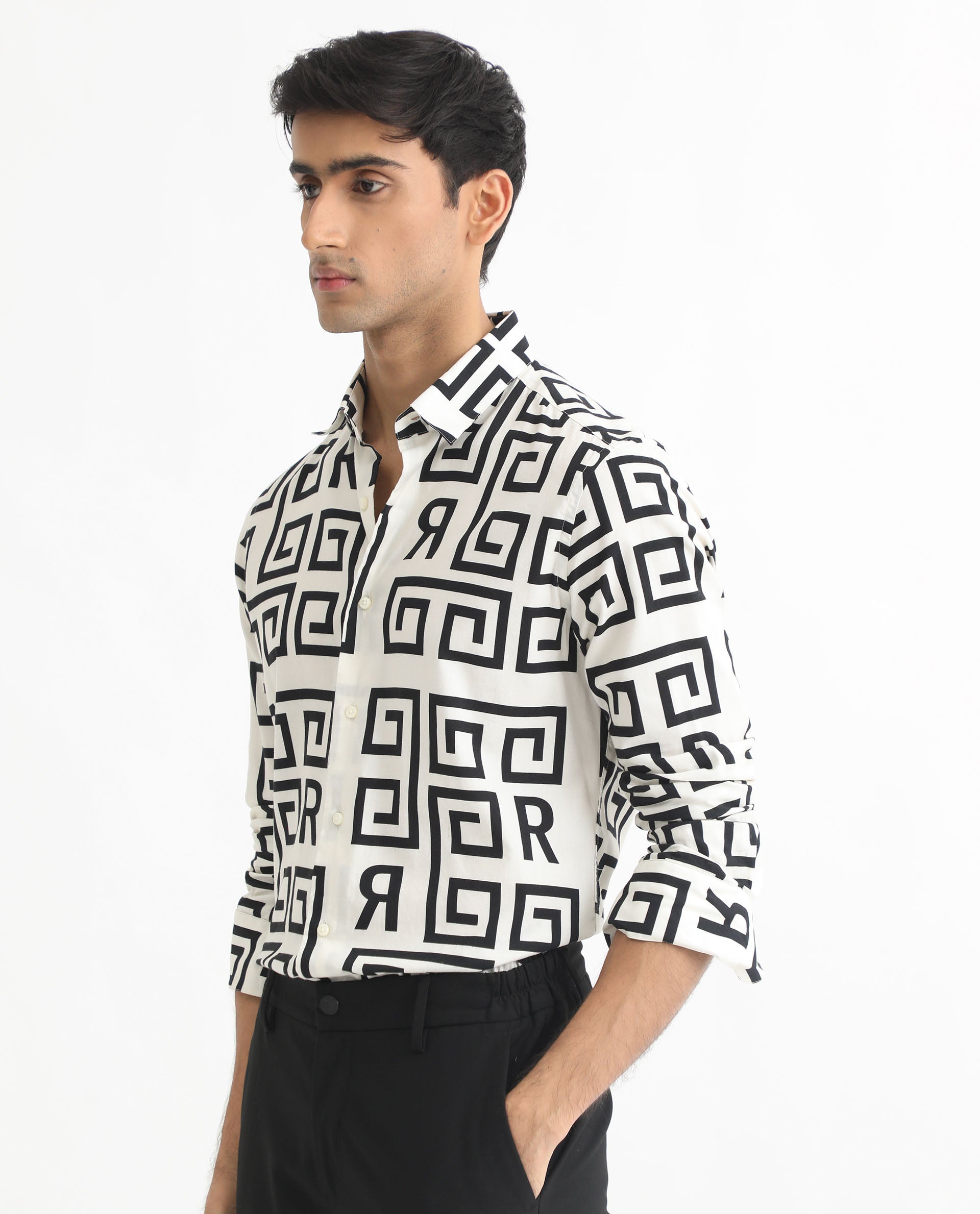 Rare Rabbit Men's Cruz Off White Cotton Monogram Print Regular Fit Full Sleeve Spread Collar Shirt
