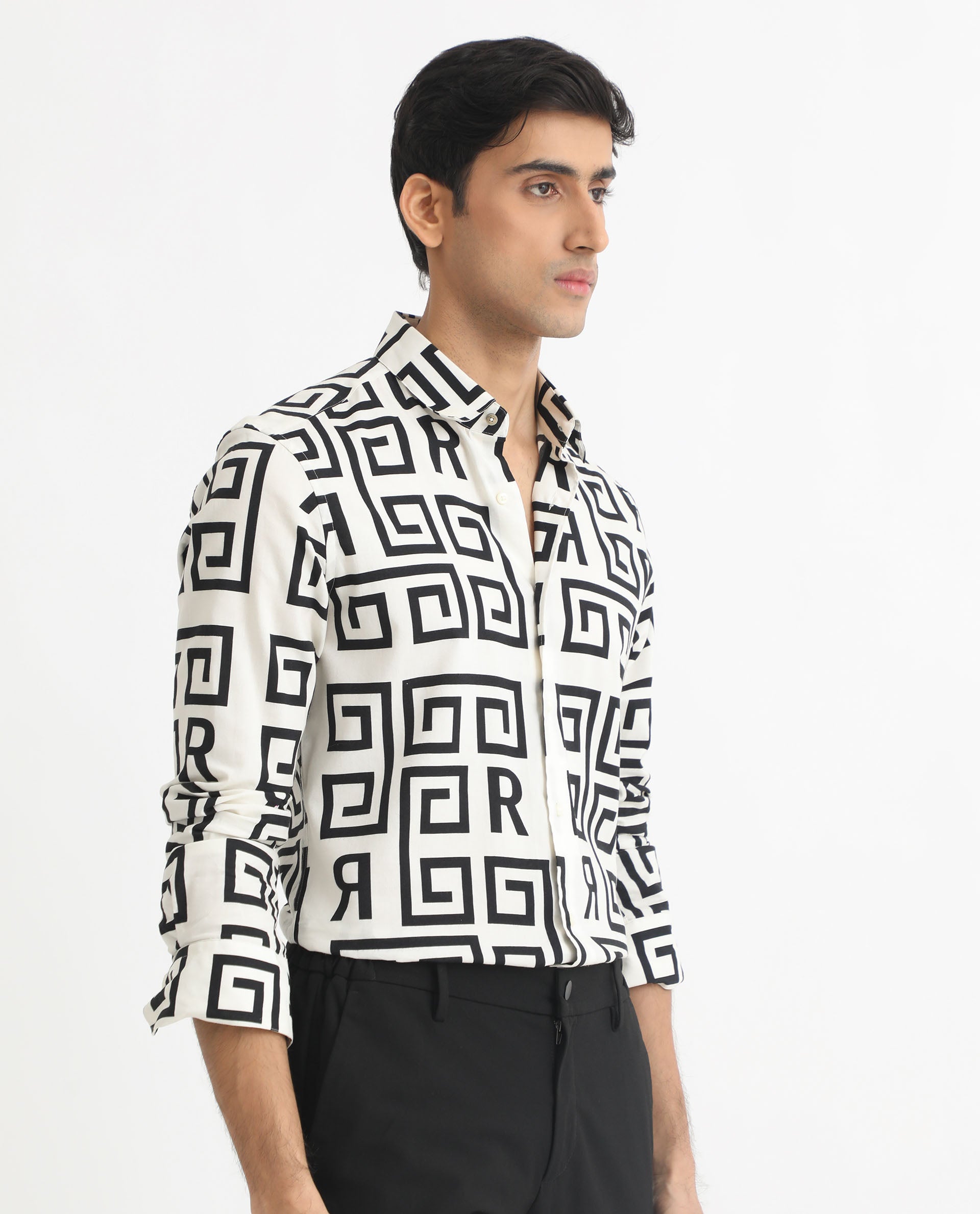 Rare Rabbit Men's Cruz Off White Cotton Monogram Print Regular Fit Full Sleeve Spread Collar Shirt
