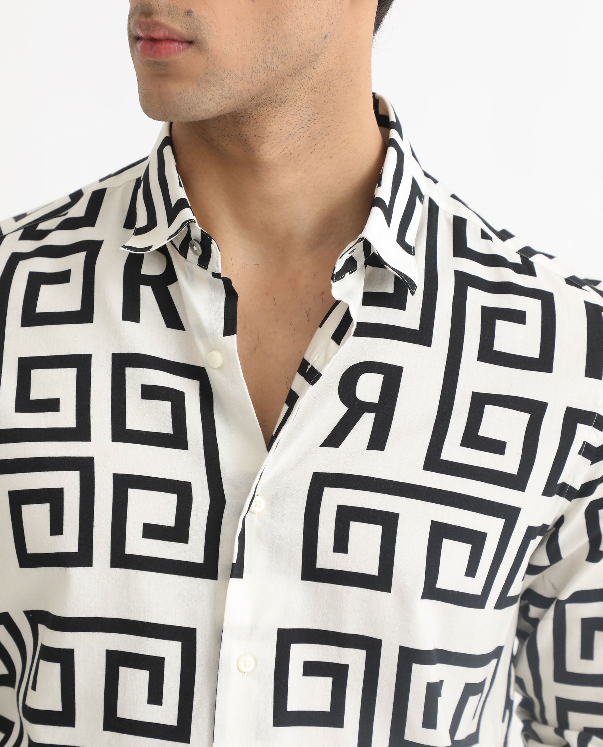 Rare Rabbit Men's Cruz Off White Cotton Monogram Print Regular Fit Full Sleeve Spread Collar Shirt