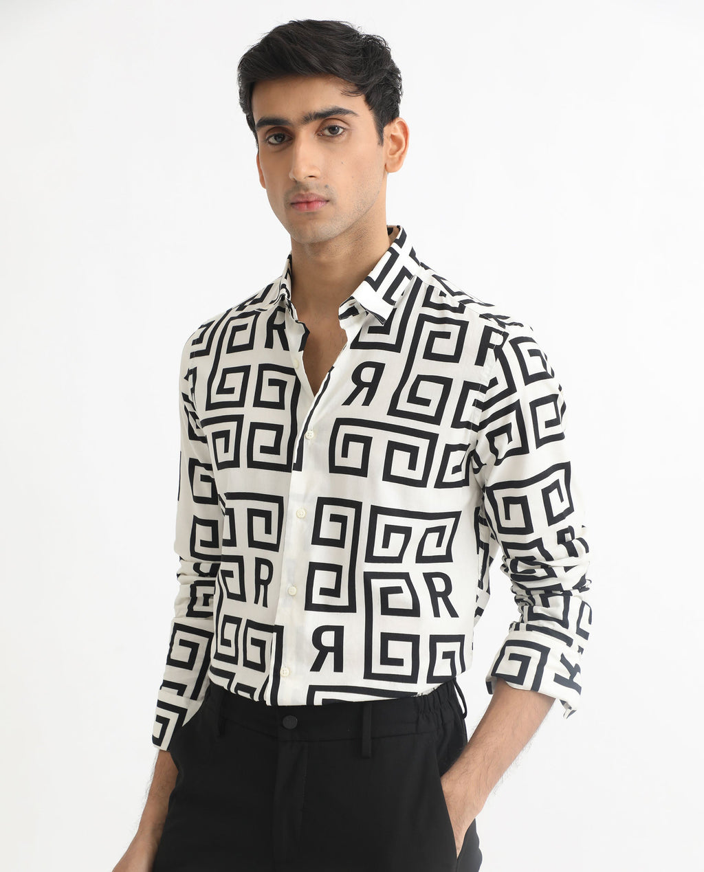 Rare Rabbit Men's Cruz Off White Cotton Monogram Print Regular Fit Full Sleeve Spread Collar Shirt