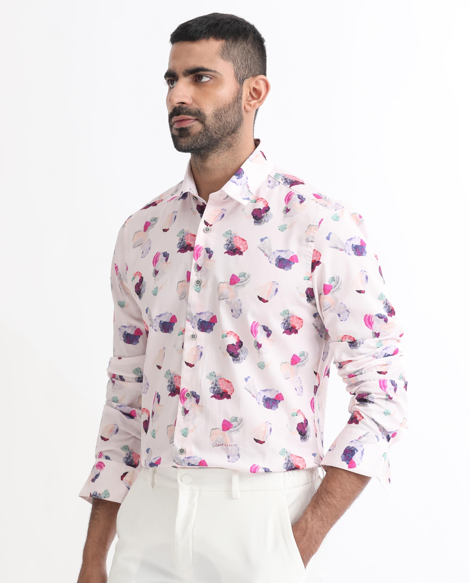 Rare Rabbit Men's Crysta- Pink Cotton Abstract Print Regular Fit Full Sleeve Collared Shirt