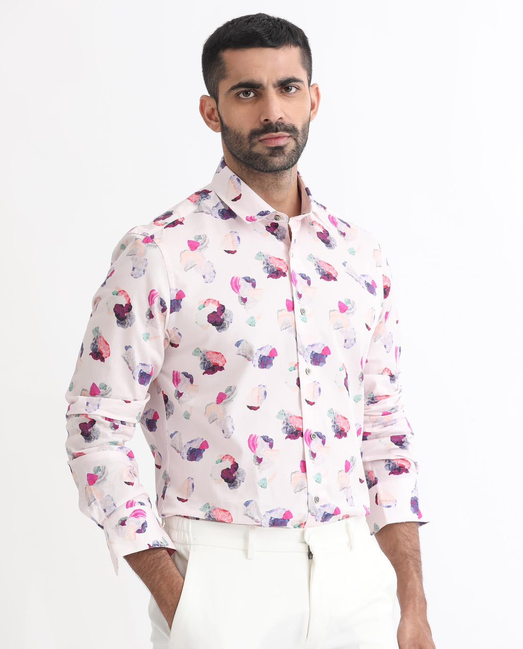 Rare Rabbit Men's Crysta- Pink Cotton Abstract Print Regular Fit Full Sleeve Collared Shirt