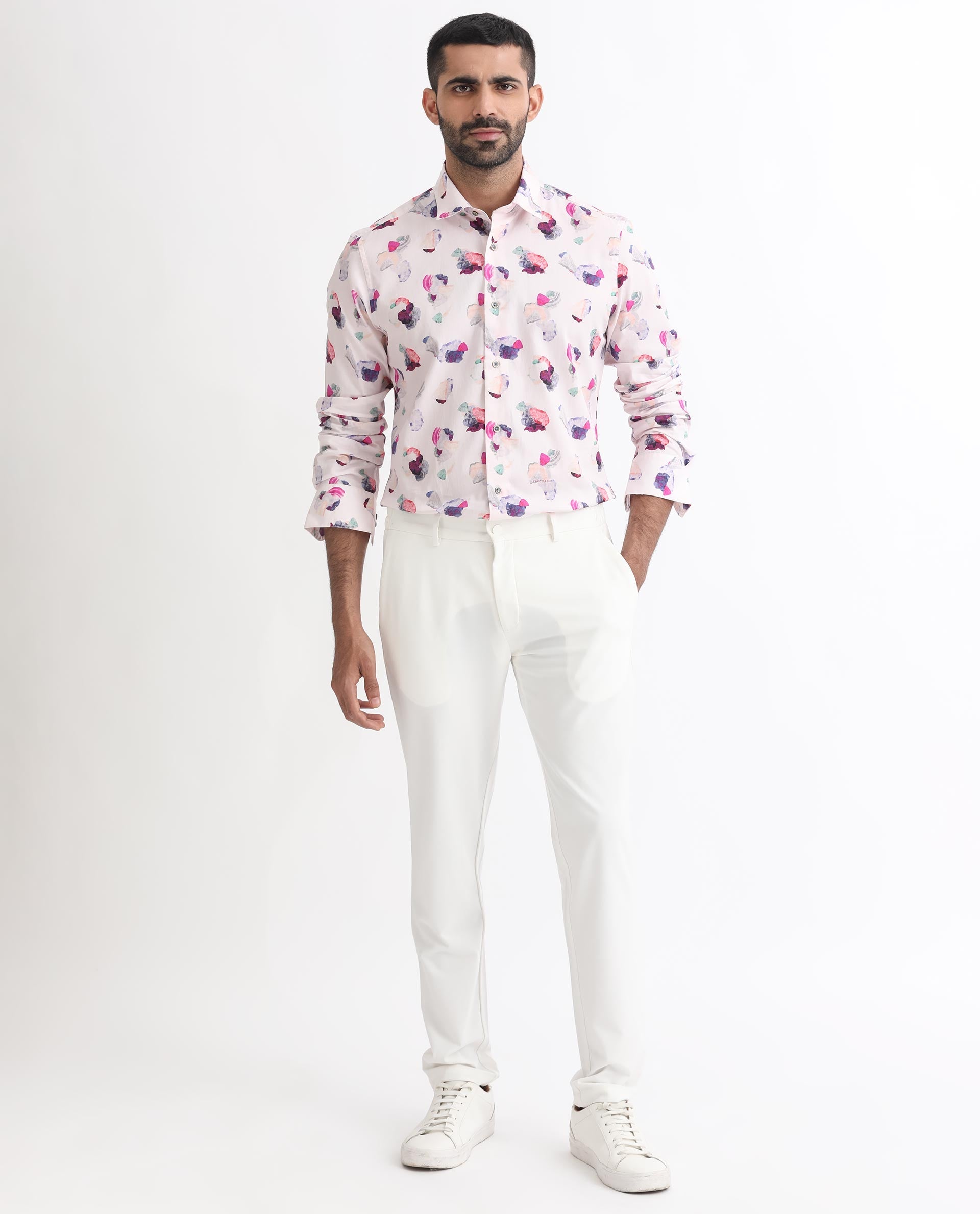 Rare Rabbit Men's Crysta- Pink Cotton Abstract Print Regular Fit Full Sleeve Collared Shirt