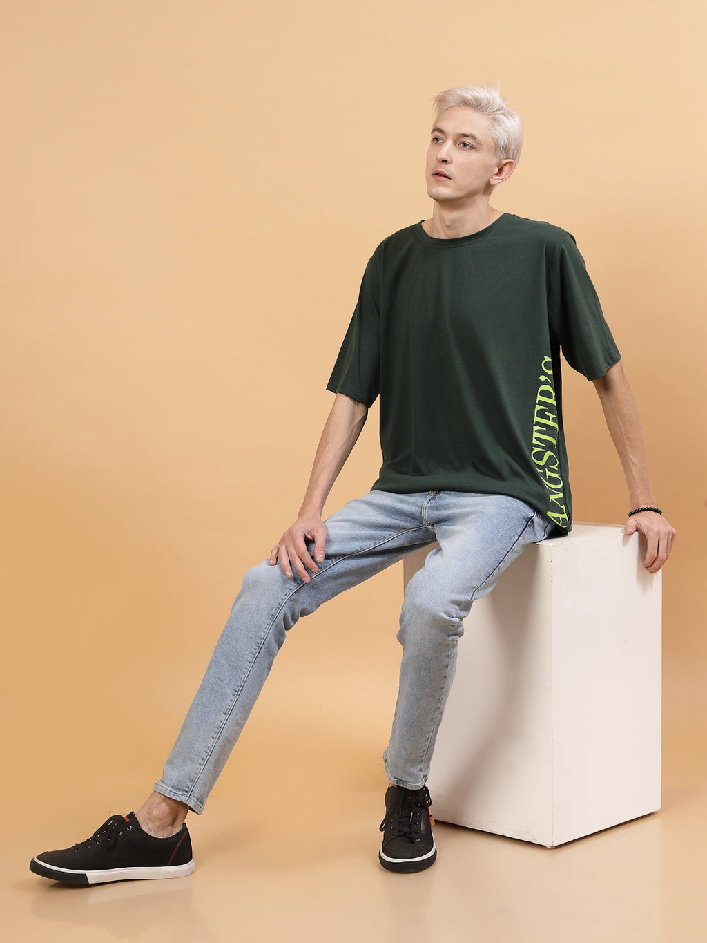 Men Green Oversized Printed T-shirt
