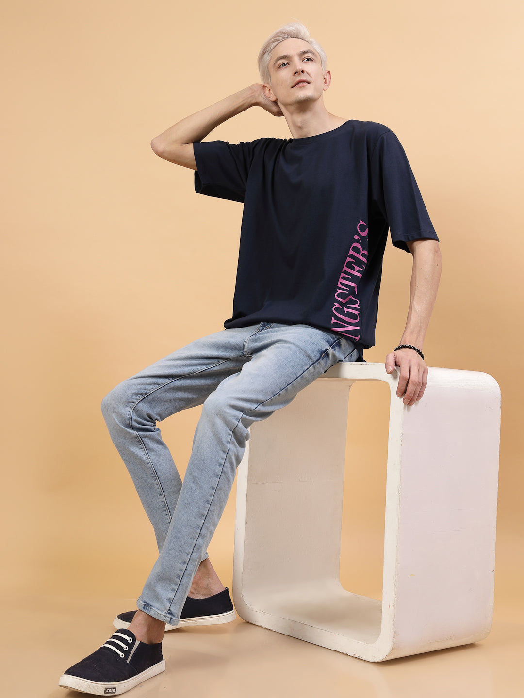 Men Navy Oversized Printed T-shirt