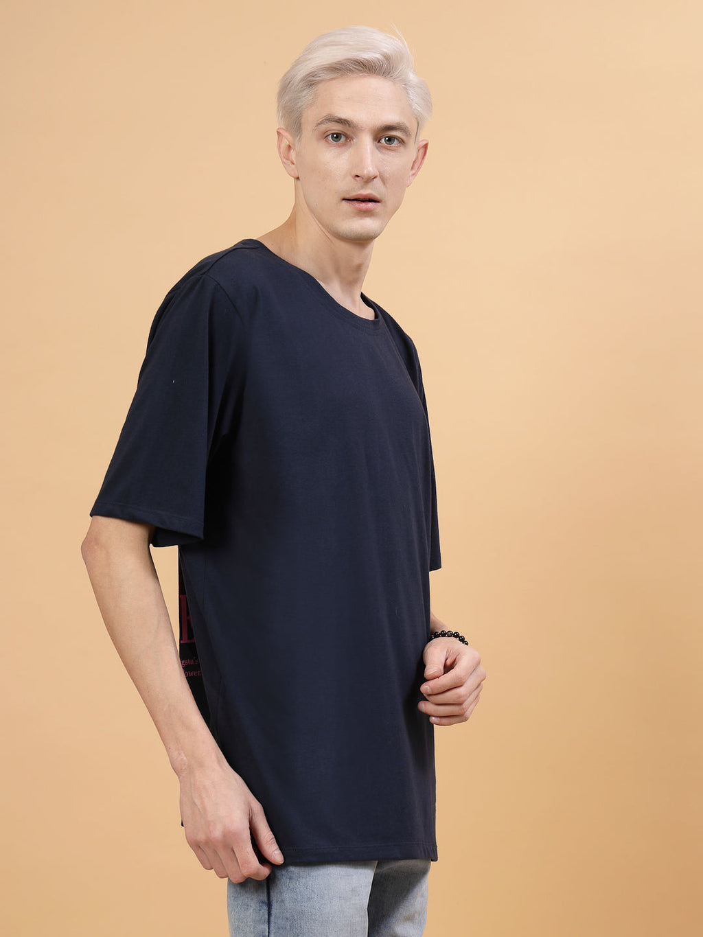 Men Navy Oversized Printed T-shirt
