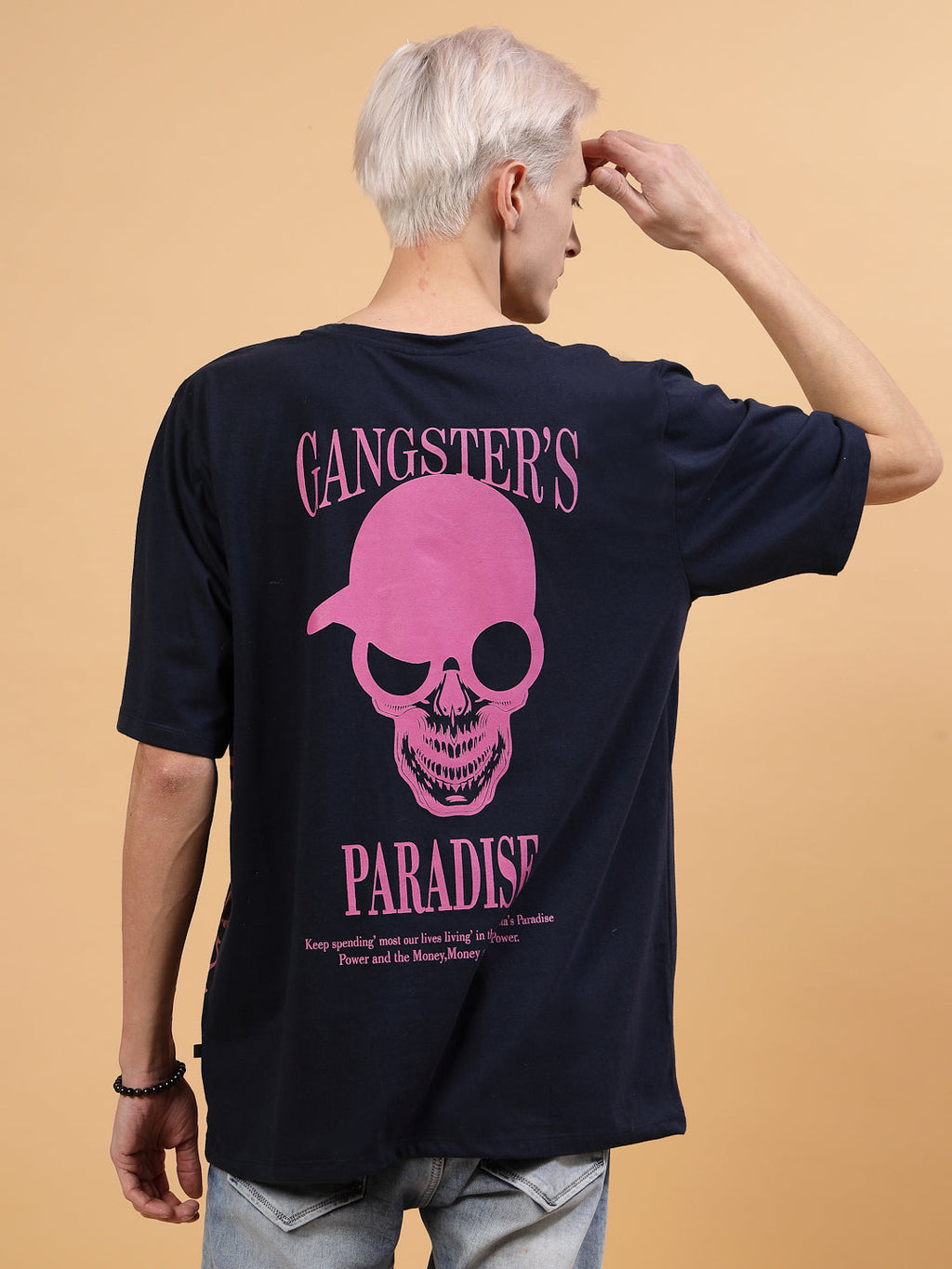 Men Navy Oversized Printed T-shirt