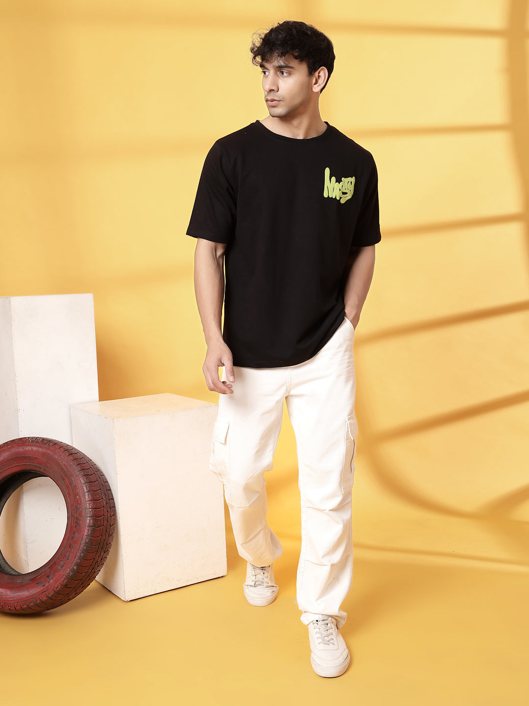 Men Black Terry Oversized Printed T-shirt