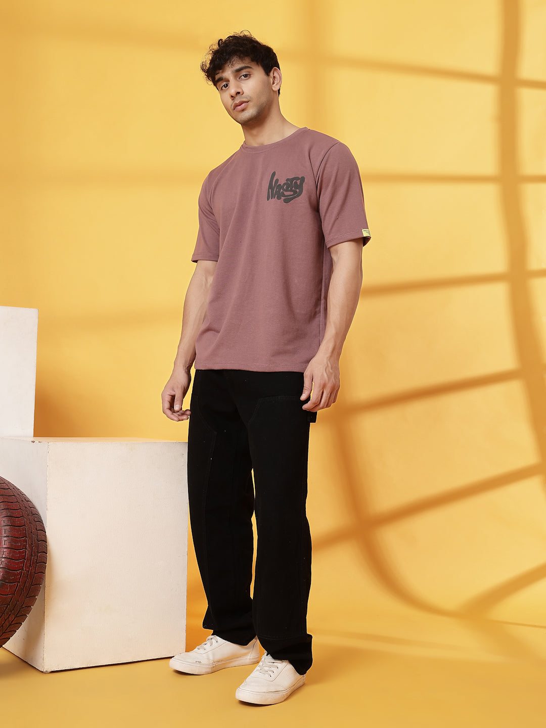 Men Mauve Terry Oversized Printed T-shirt