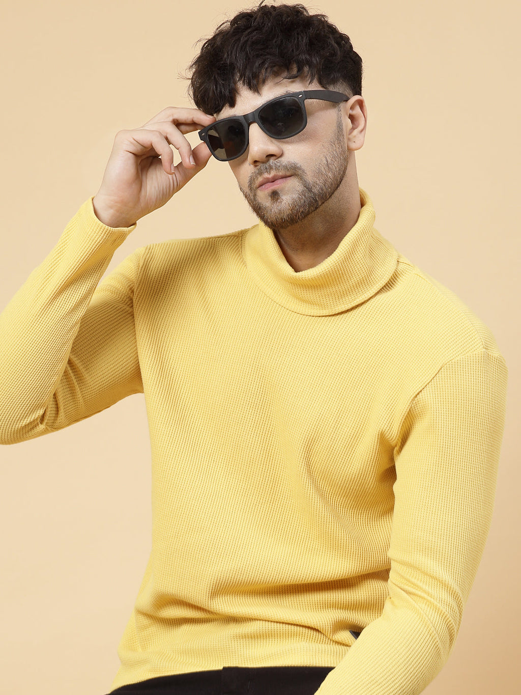 Men Yellow Waffle Knit T-shirt