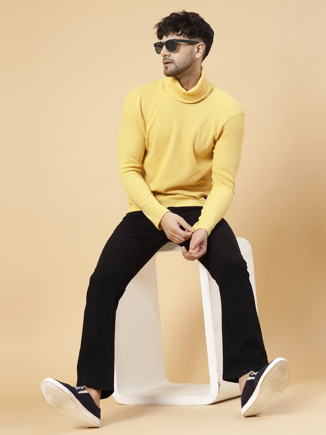 Men Yellow Waffle Knit T-shirt