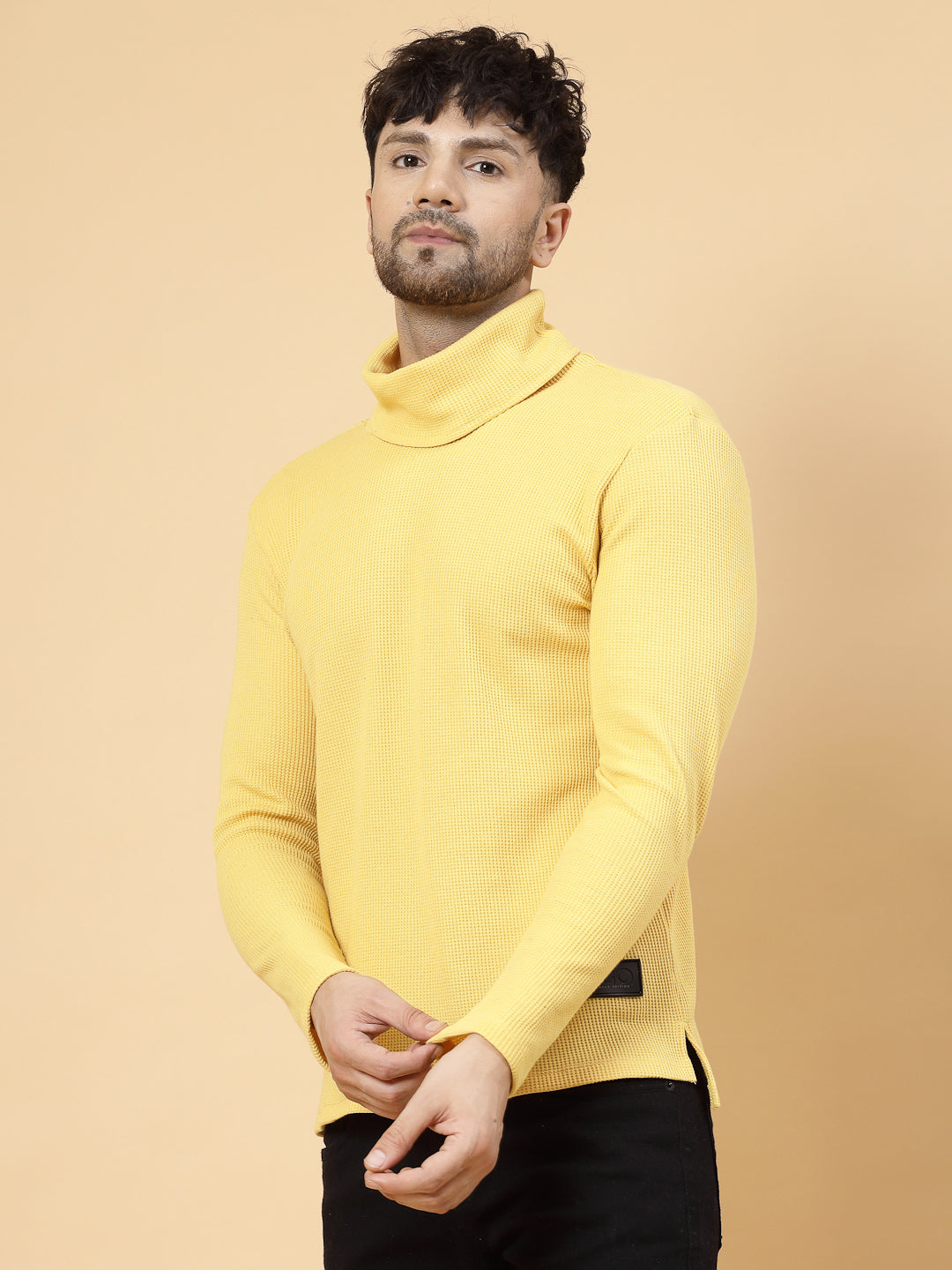Men Yellow Waffle Knit T-shirt