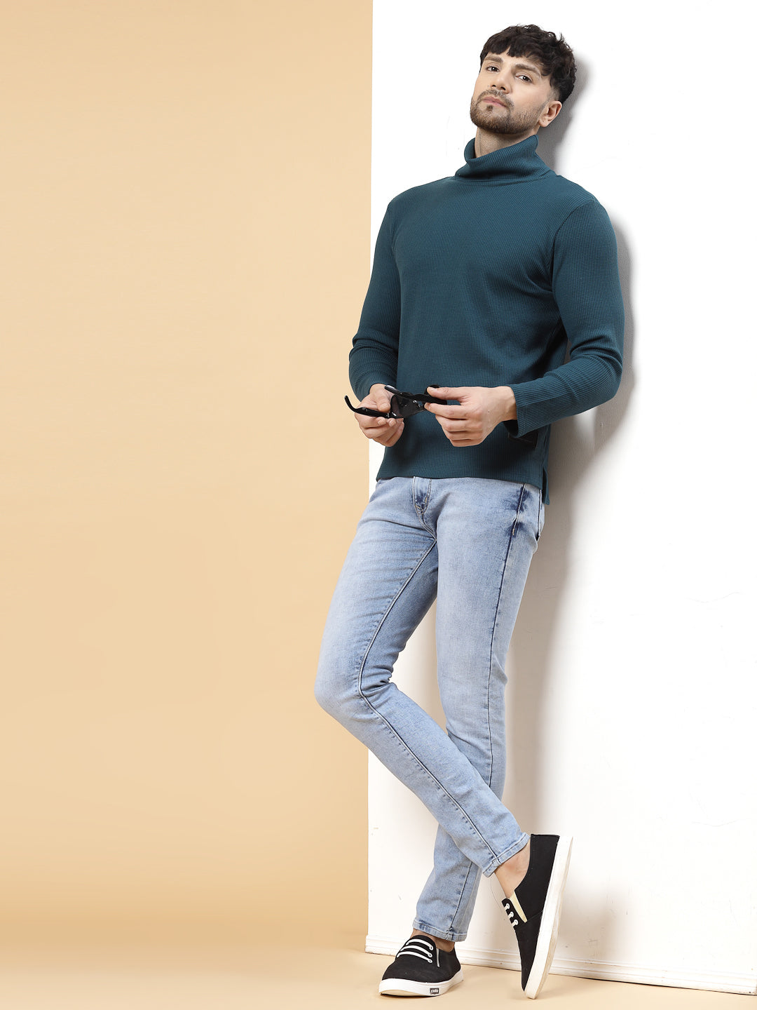 Men Teal Waffle Knit T-shirt