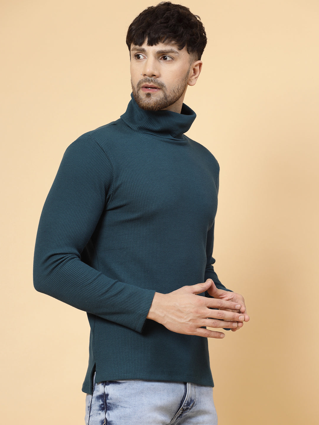 Men Teal Waffle Knit T-shirt