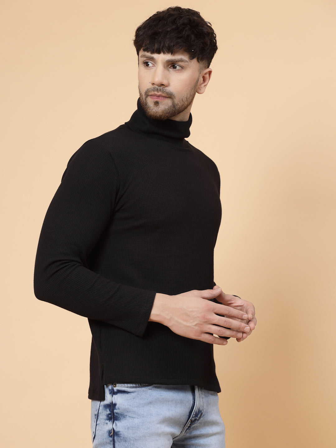 Men Black Waffle Knit T-shirt