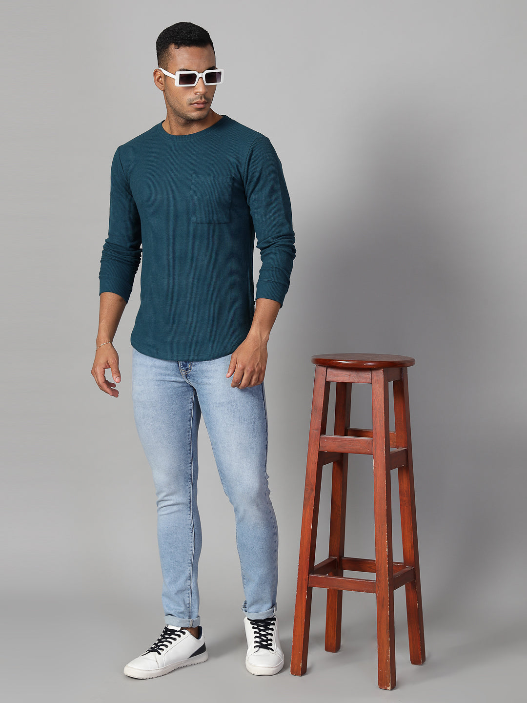 Men Classic Waffle Knit Round Neck Tshirt