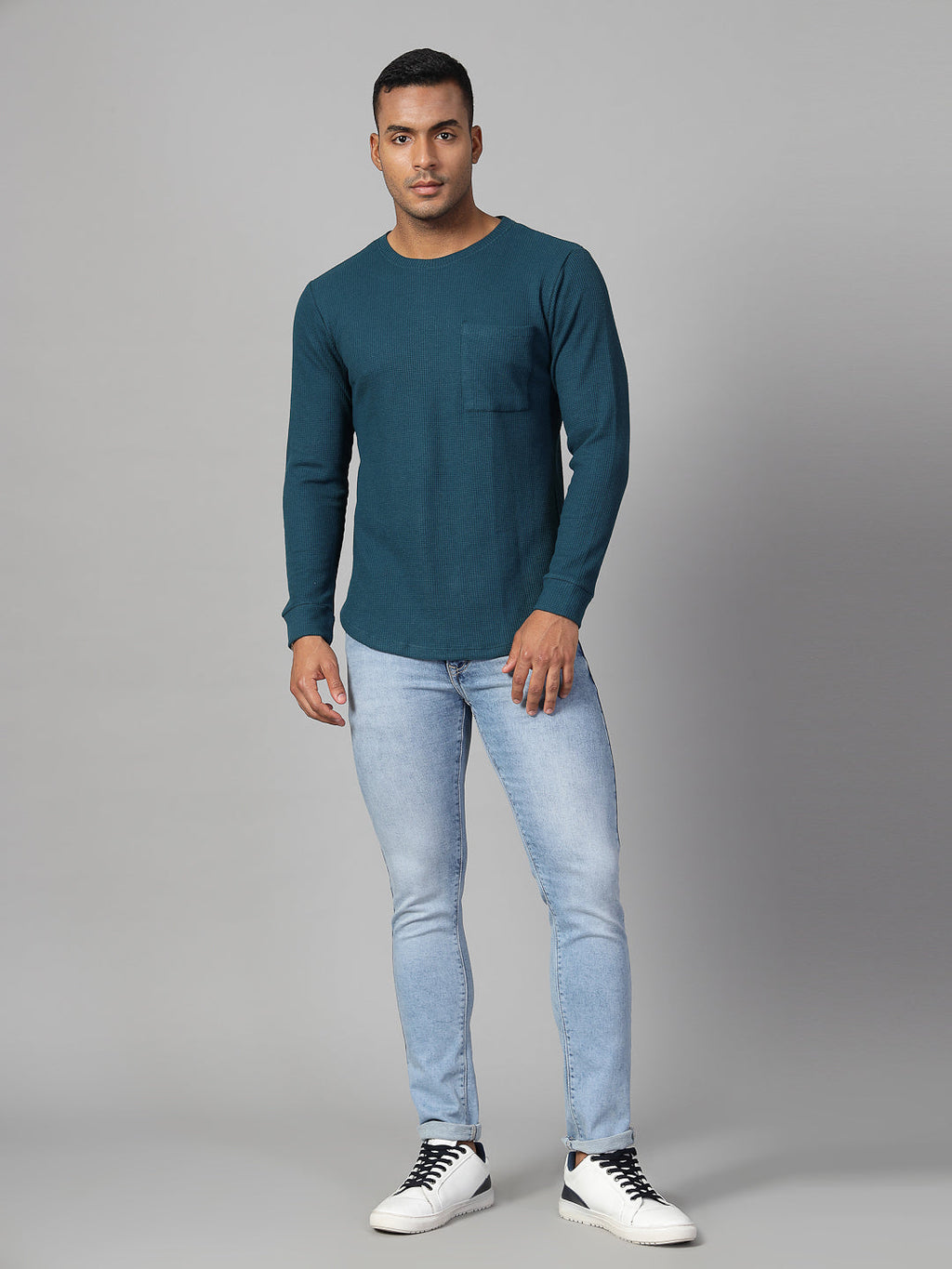 Men Classic Waffle Knit Round Neck Tshirt