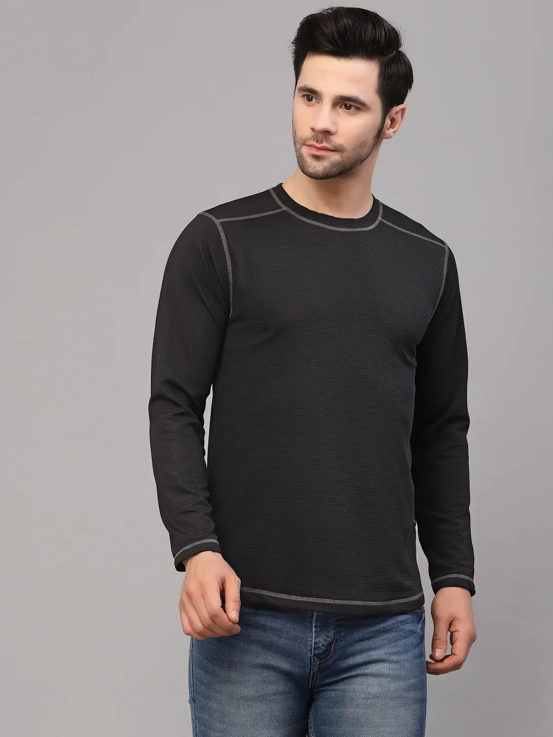 Men Black Poly Corduroy Round Neck TShirt