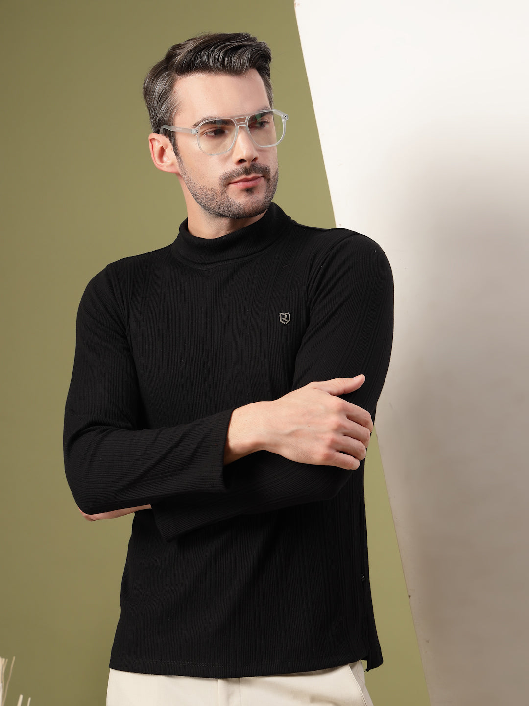 Men Classic Ribbed Turtleneck T-Shirt