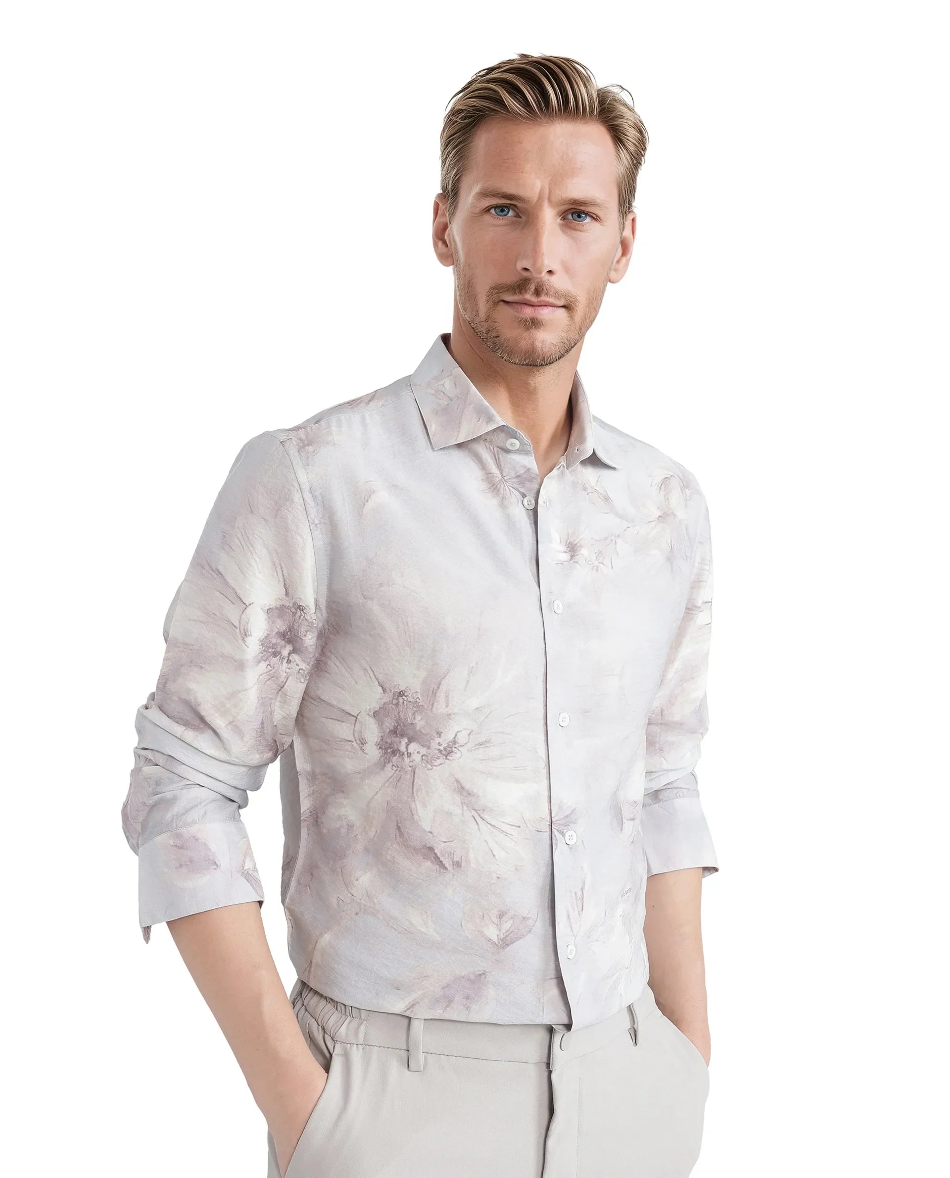 Rare Rabbit Men's Curas Pastel Blue Viscose Blend Floral Print Regular Fit Full Sleeve Collared Shirt