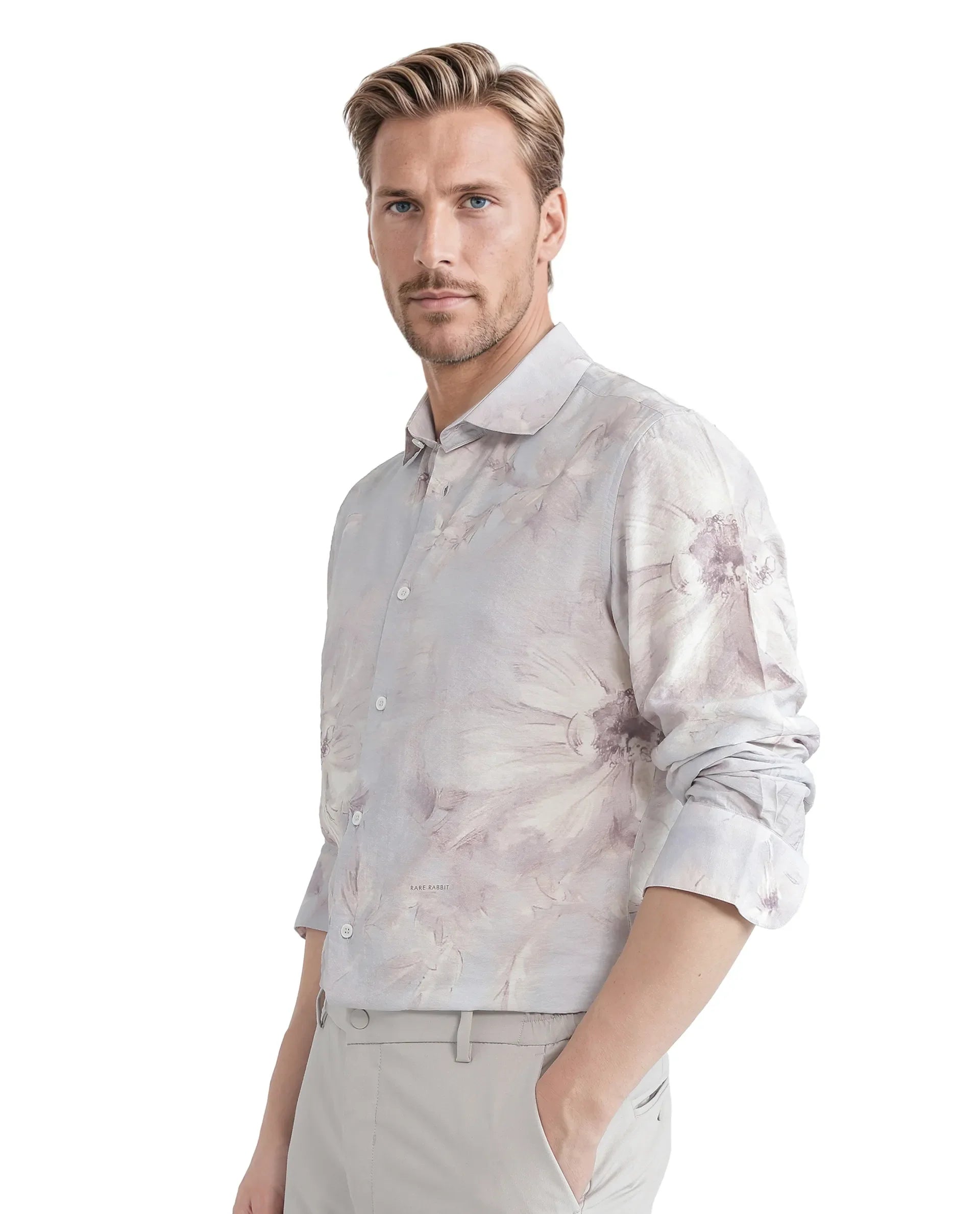 Rare Rabbit Men's Curas Pastel Blue Viscose Blend Floral Print Regular Fit Full Sleeve Collared Shirt