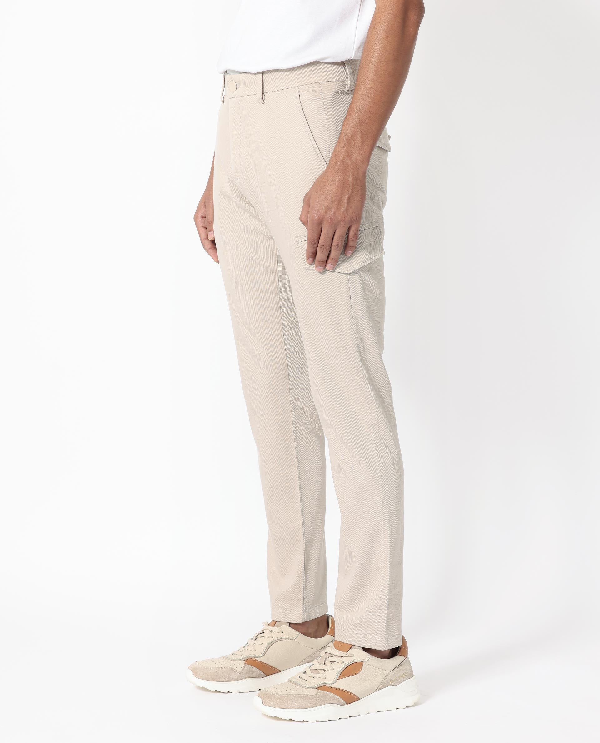 Rare Rabbit Men's Curo Beige Cotton Plain Regular Fit Trouser