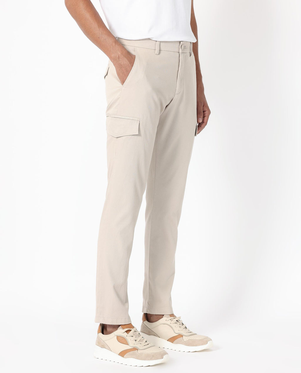 Rare Rabbit Men's Curo Beige Cotton Plain Regular Fit Trouser
