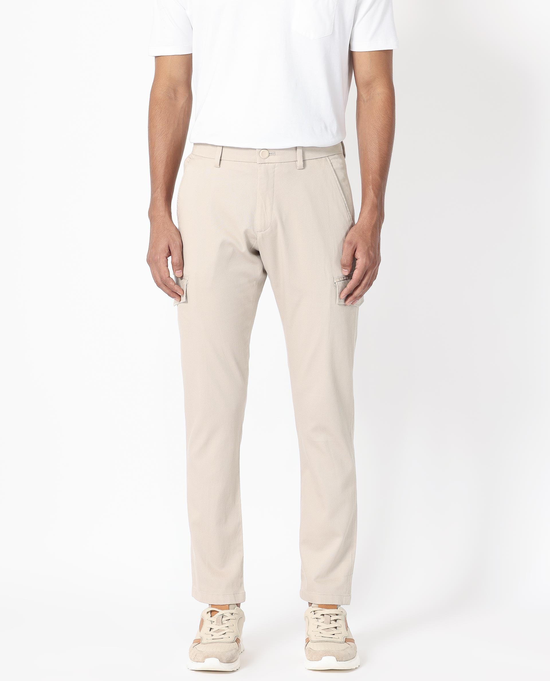 Rare Rabbit Men's Curo Beige Cotton Plain Regular Fit Trouser