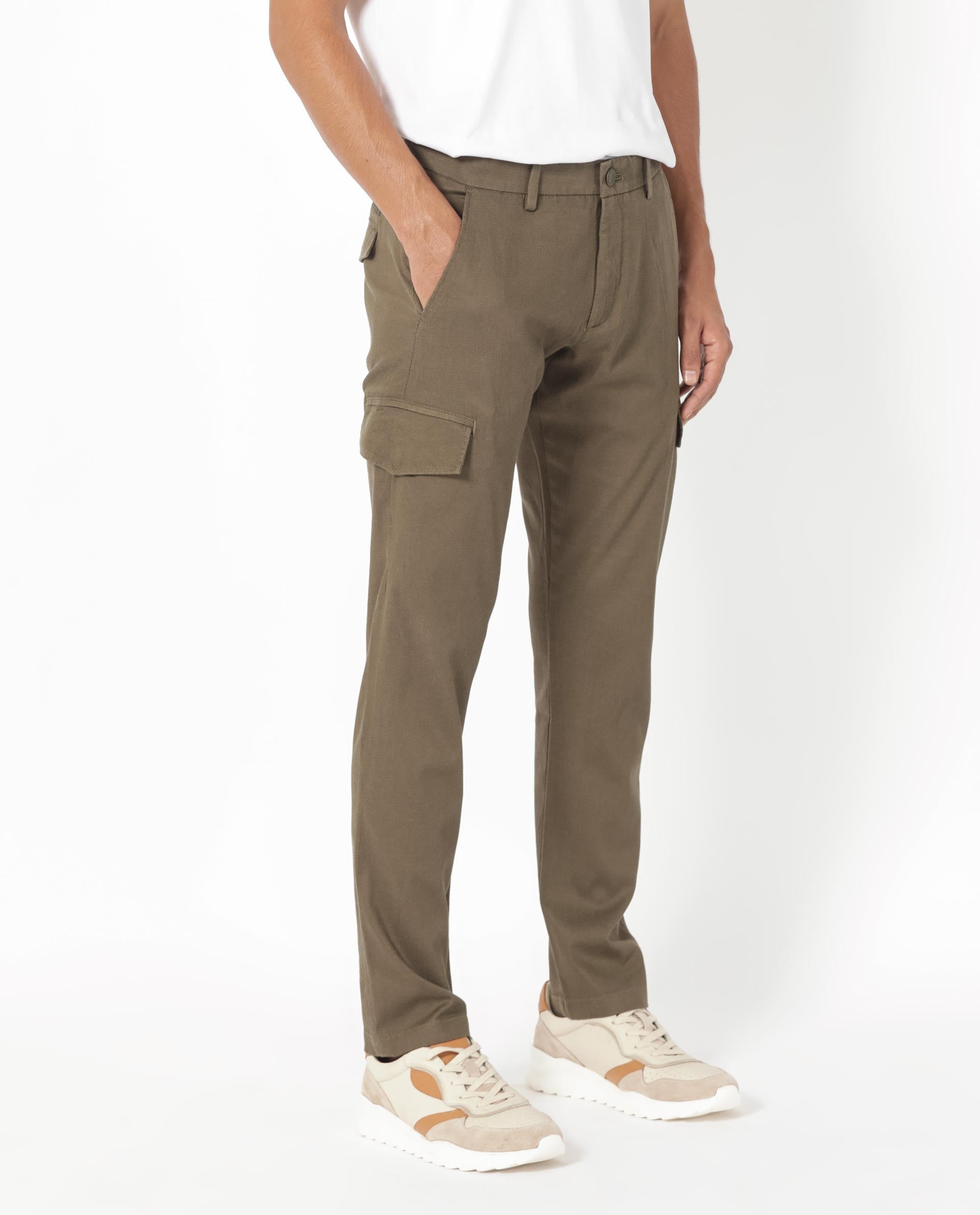 Rare Rabbit Men's Curo Olive Cotton Plain Regular Fit Trouser