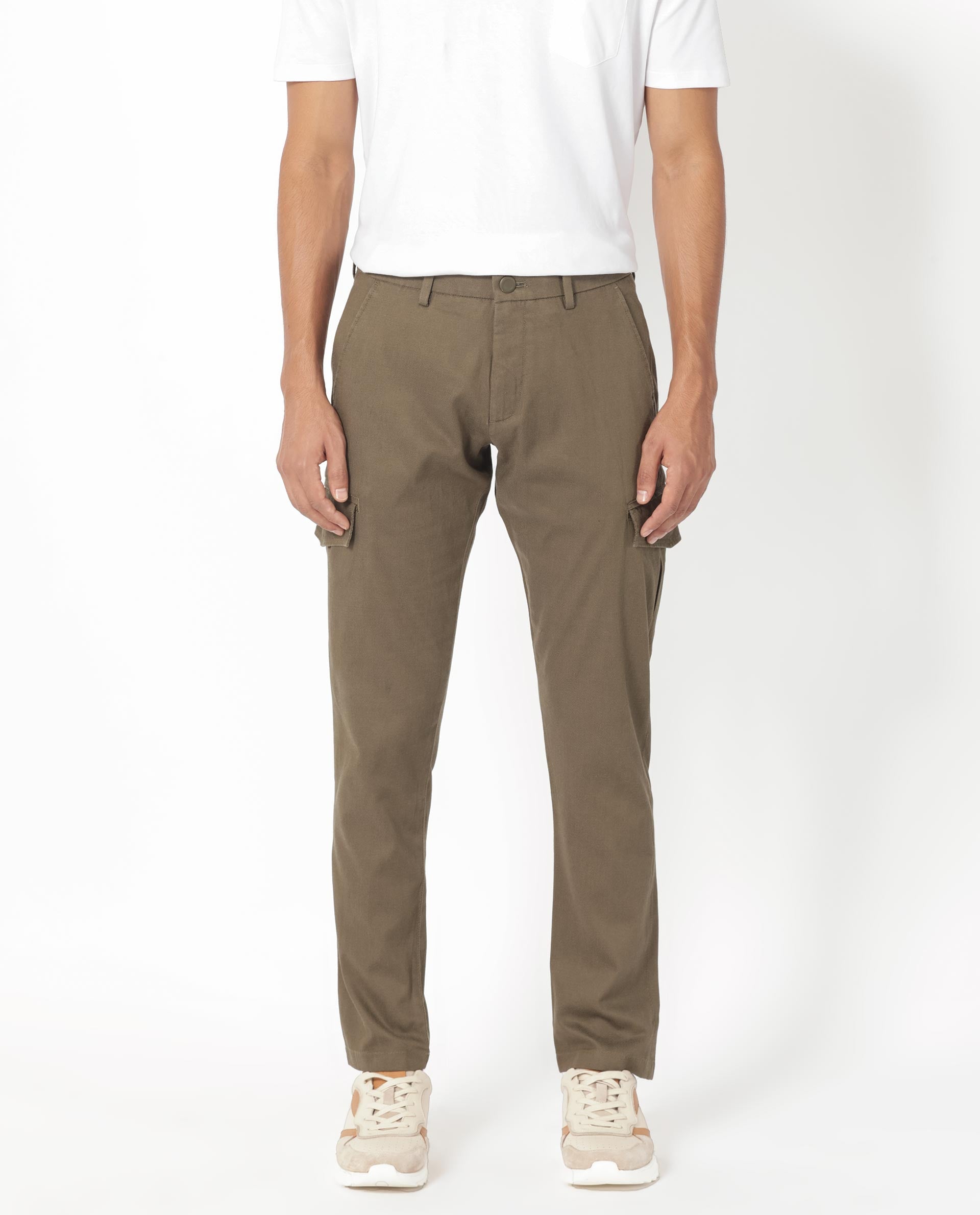 Rare Rabbit Men's Curo Olive Cotton Plain Regular Fit Trouser