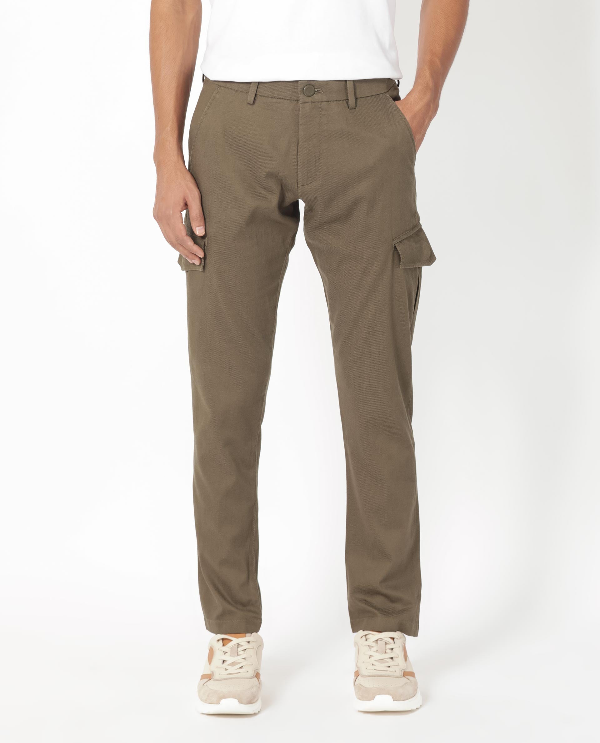 Rare Rabbit Men's Curo Olive Cotton Plain Regular Fit Trouser
