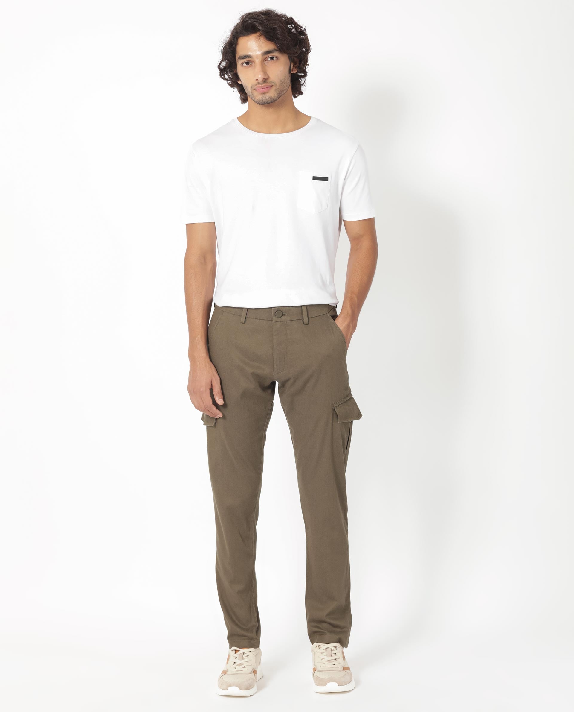 Rare Rabbit Men's Curo Olive Cotton Plain Regular Fit Trouser