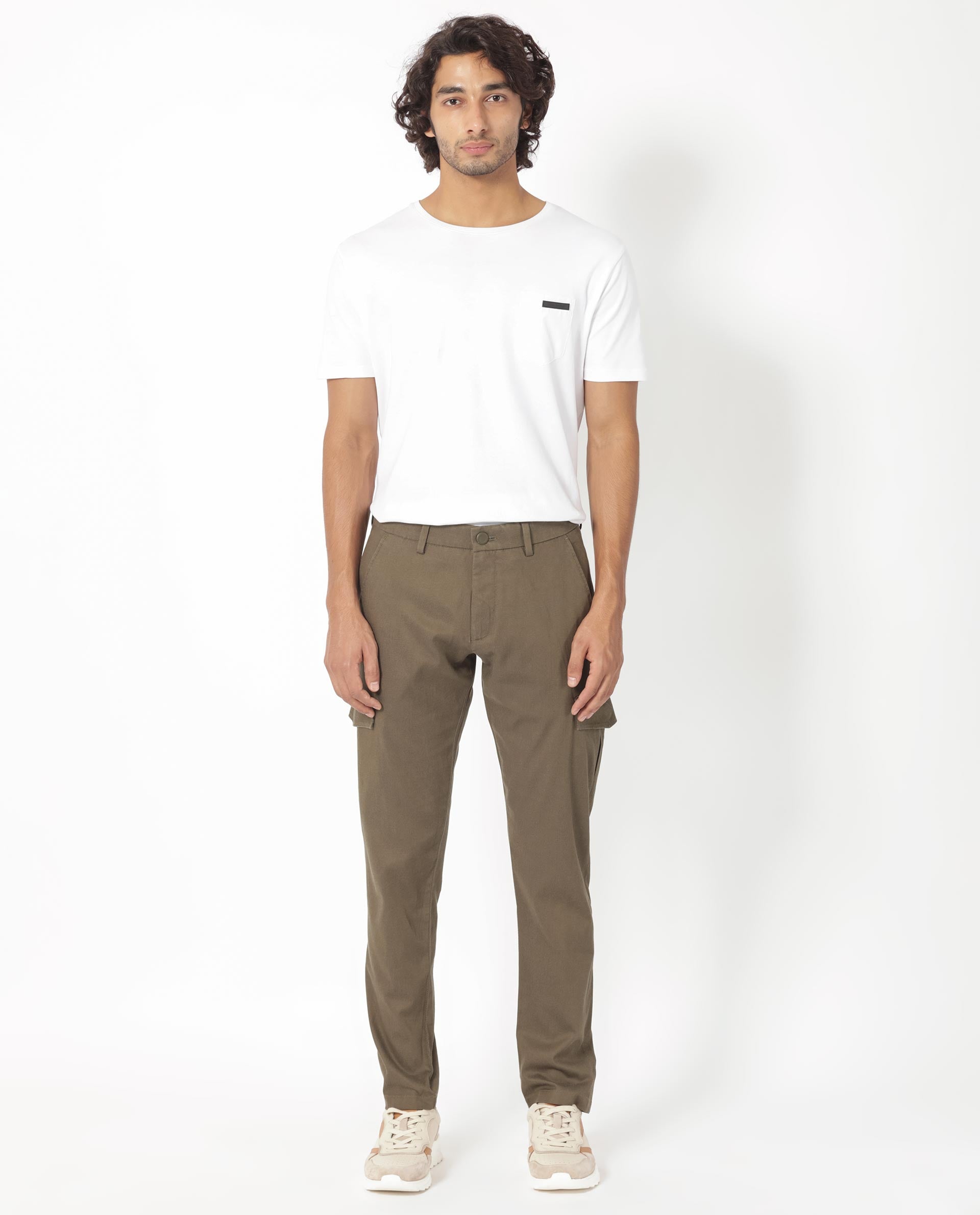 Rare Rabbit Men's Curo Olive Cotton Plain Regular Fit Trouser
