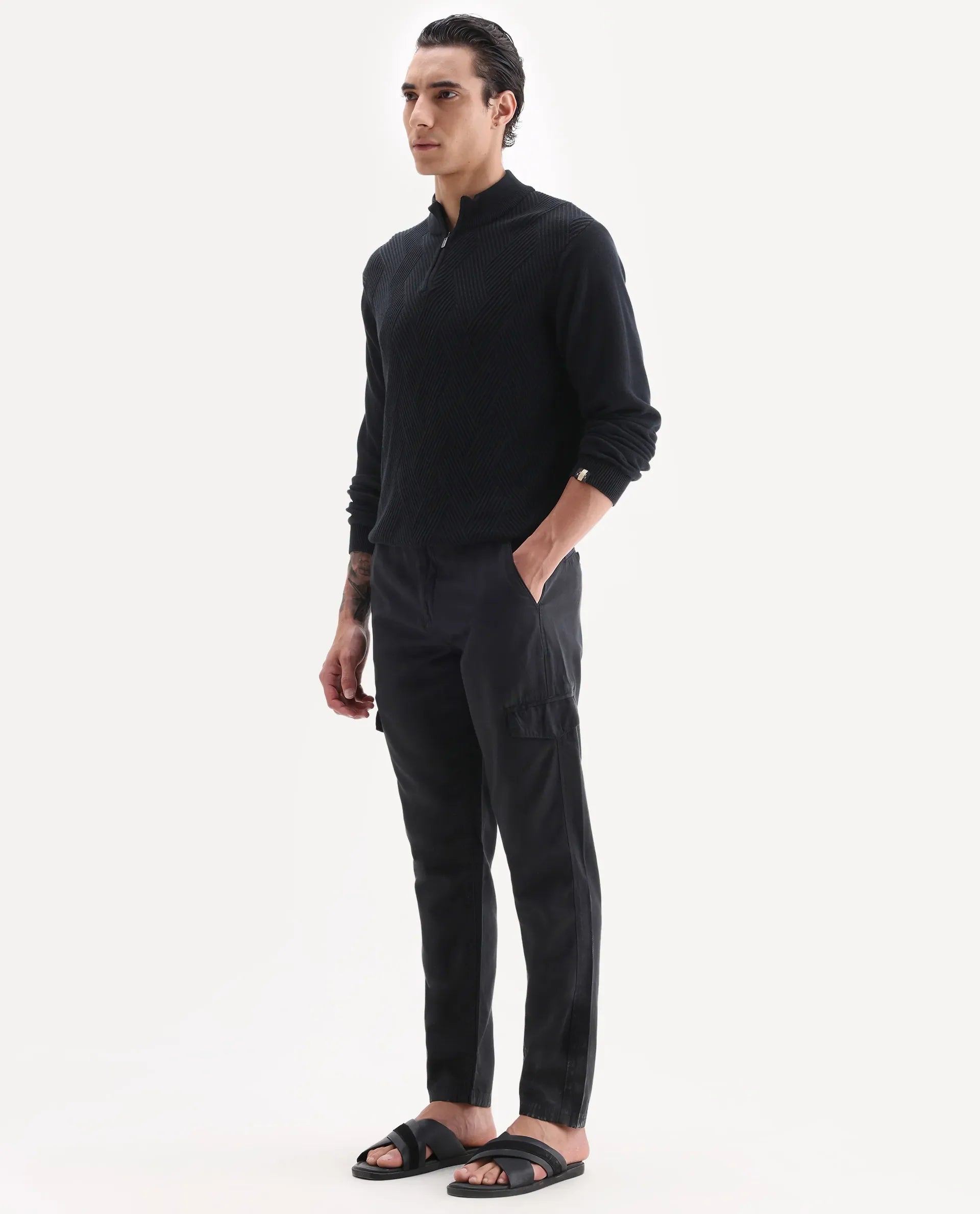 Rare Rabbit Men's Curon Black Cotton Plain Regular Fit Trouser