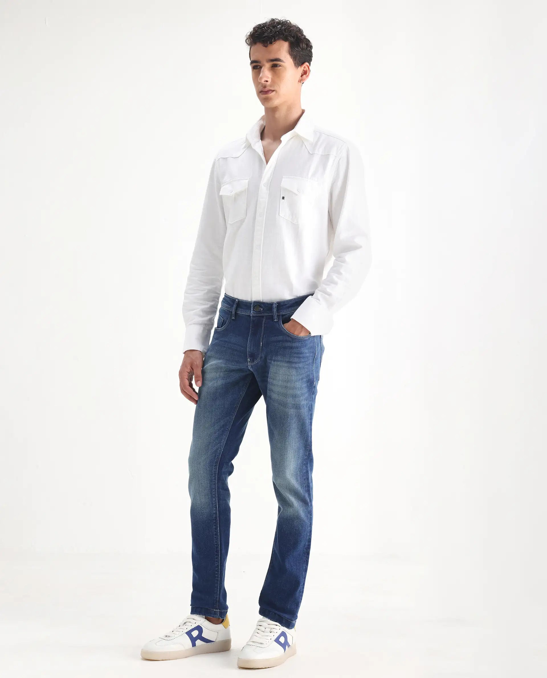 Rare Rabbit Men's Cyr Light Blue Cotton Plain Hawk Slim Fit Jeans