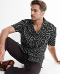 Rare Rabbit Men's Castro Black Viscose Abstract Print Regular Fit Half Sleeve Cuban Collar Shirt