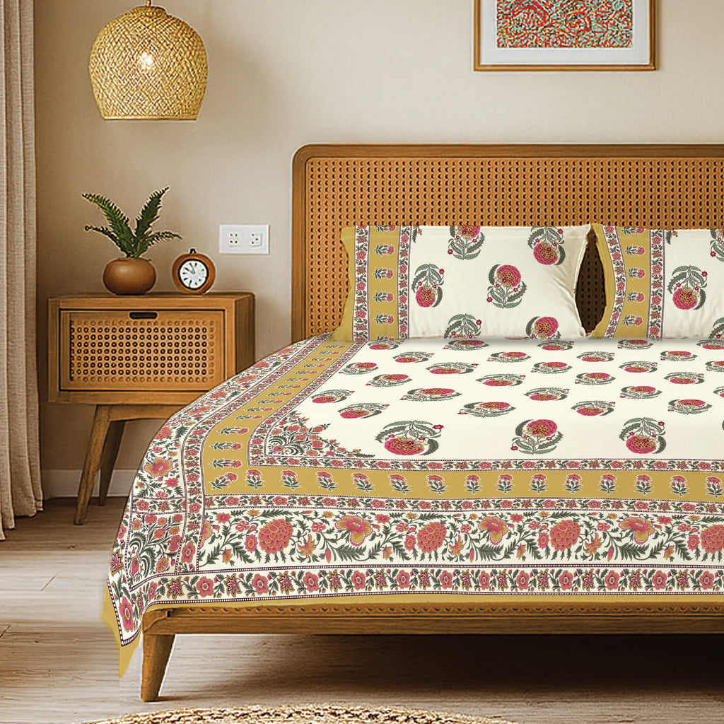 Rajasthani Ethnic 100% Cotton Bedsheet with 2 Pillow Covers, King Bed - Chandbali Mustard