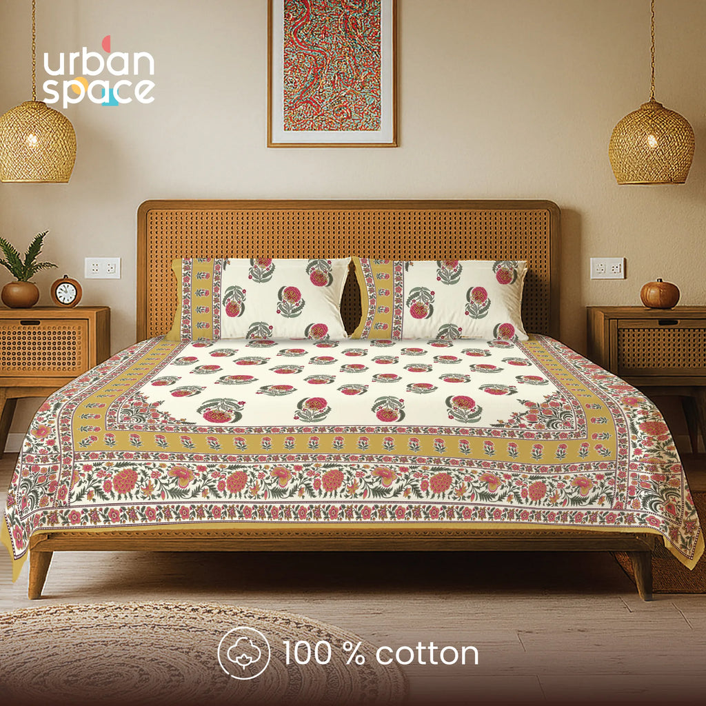 Rajasthani Ethnic 100% Cotton Bedsheet with 2 Pillow Covers, King Bed - Chandbali Mustard