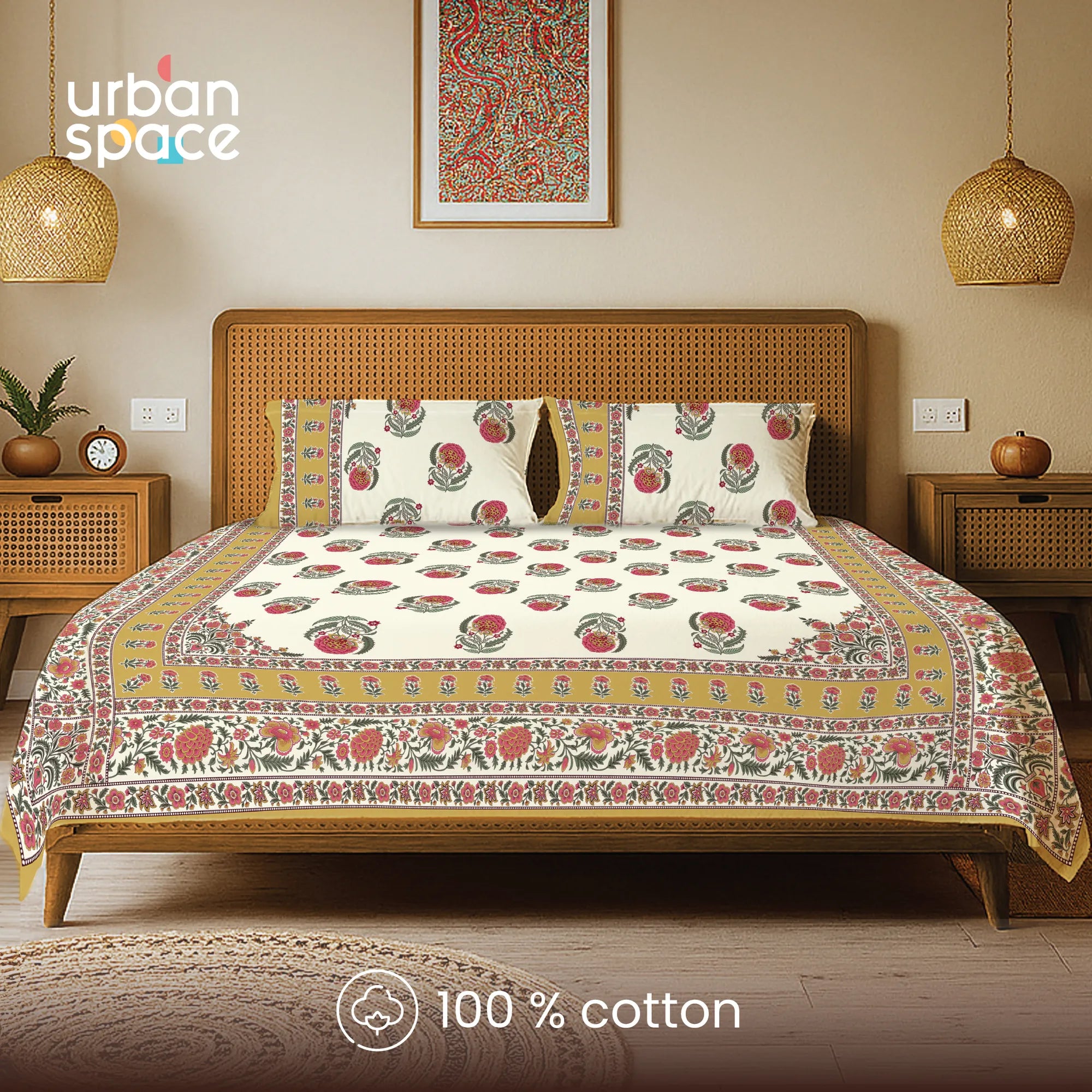 Rajasthani Ethnic 100% Cotton Bedsheet with 2 Pillow Covers, King Bed - Chandbali Mustard