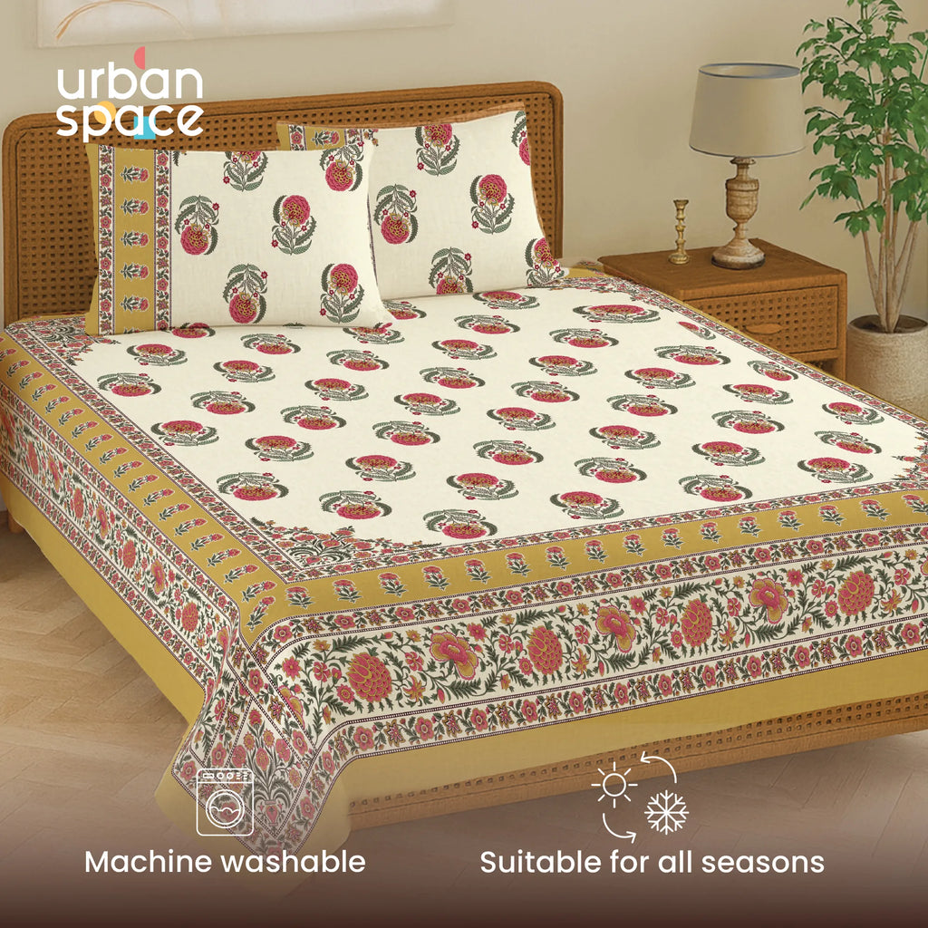 Rajasthani Ethnic 100% Cotton Bedsheet with 2 Pillow Covers, King Bed - Chandbali Mustard